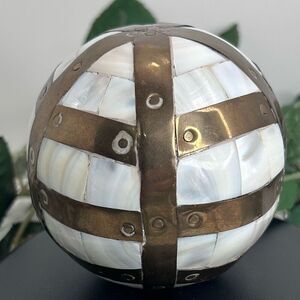 Mother Of Pearl Mossaic Sphere Orb Ball With Brass Detail 4” Round White